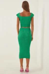Happiness İstanbul Women Green Knitwear with flywheel Crop Skirt Set - Image 4