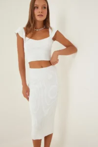 Happiness İstanbul Women White Knitwear with flywheel Crop Skirt Set - Image 3