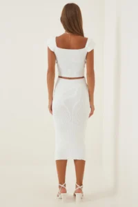 Happiness İstanbul Women White Knitwear with flywheel Crop Skirt Set - Image 4