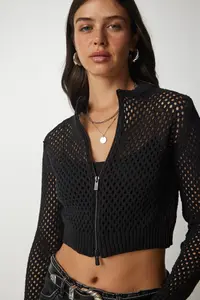 Happiness İstanbul Women Black Zippered Cellular Knitwear Cardigan