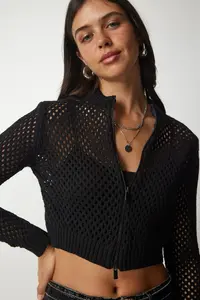 Happiness İstanbul Women Black Zippered Cellular Knitwear Cardigan - Image 2