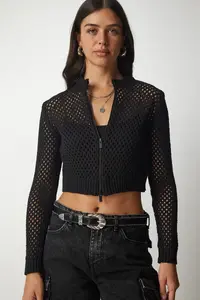 Happiness İstanbul Women Black Zippered Cellular Knitwear Cardigan - Image 3