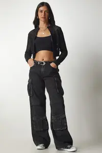 Happiness İstanbul Women Black Zippered Cellular Knitwear Cardigan - Image 4