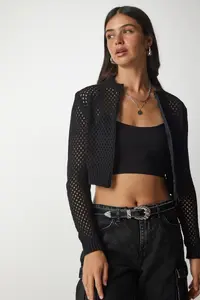 Happiness İstanbul Women Black Zippered Cellular Knitwear Cardigan - Image 5