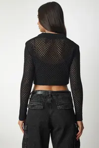 Happiness İstanbul Women Black Zippered Cellular Knitwear Cardigan - Image 8
