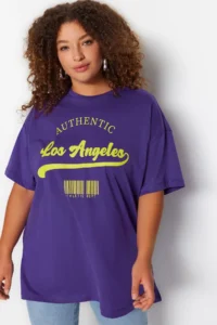 Trendyol Curve Purple Wide Pattern Crew Neck Printed 100% Cotton Knitting T-Shirt - Image 2