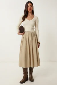 Lovelyİstanbul Summer flared Midi Weaving Skirt  Beige