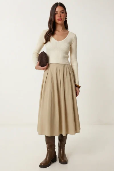 Lovelyİstanbul Summer flared Midi Weaving Skirt  Beige
