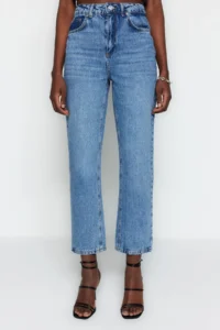 TRENDYOLMİLLA Mavi High Waist Plain Kesim Straight 100% Cotton Non-Stretch jeans - Image 5