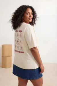 Trendyol Curve Ecru 100% Cotton Oversized/Wide Pattern Front Back Printed Knitting Plus Size T-Shirt - Image 3