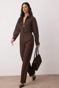 TRENDYOLMİLLA Dark Brown Straight/Plain Cut High Waist Ribbed Stitched Weaving Pants - Image 2