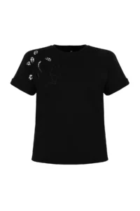 Trendyol Curve Black embroidery Detailed Basic 100% Cotton Knitting T-Shirt - Image 7