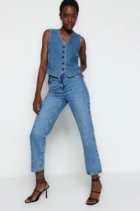 TRENDYOLMİLLA Mavi High Waist Plain Kesim Straight 100% Cotton Non-Stretch jeans - Image 2