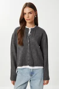 Lovelyİstanbul buttoned Wool Efektli Knitwear Cardigan  Anthracite