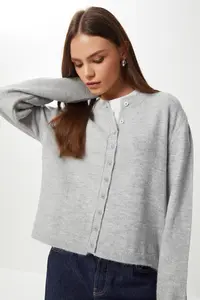Lovelyİstanbul buttoned Wool Efektli Knitwear Cardigan  Gray - Image 2