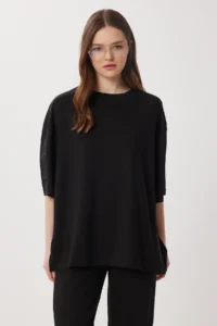 Lovelyİstanbul Oversize Slit and Parachute Garnished Modal Suit  BLACK - Image 3