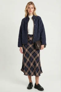 Lovelyİstanbul Patterned Satin Finish Midi Skirt  DARK BLUE MINK