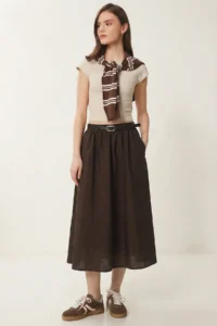 Lovelyİstanbul Arched with pocket Midi Parachute Skirt  Brown