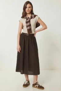 Lovelyİstanbul Arched with pocket Midi Parachute Skirt  Brown - Image 2