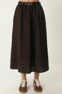 Lovelyİstanbul Arched with pocket Midi Parachute Skirt  Brown - Image 3