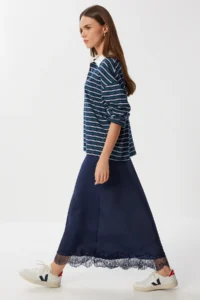 Lovelyİstanbul Lace Detailed Satin Midi Skirt  Navy Blue - Image 3