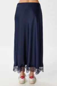 Lovelyİstanbul Lace Detailed Satin Midi Skirt  Navy Blue - Image 6