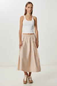 Lovelyİstanbul Binding Detailed flared Weaving Skirt  KOYU Cream