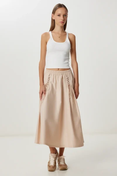 Lovelyİstanbul Binding Detailed flared Weaving Skirt  KOYU Cream