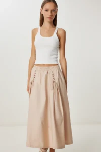 Lovelyİstanbul Binding Detailed flared Weaving Skirt  KOYU Cream - Image 2