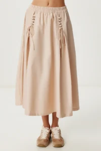 Lovelyİstanbul Binding Detailed flared Weaving Skirt  KOYU Cream - Image 3
