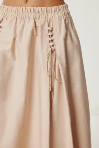 Lovelyİstanbul Binding Detailed flared Weaving Skirt  KOYU Cream - Image 4
