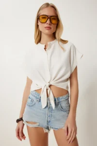 Happiness İstanbul Women Bonnet Binding Detailed Weaving Shirt - Image 2