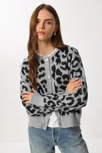 Lovelyİstanbul Leopard Patterned Buttoned Knitwear Cardigan  GRAY BLACK