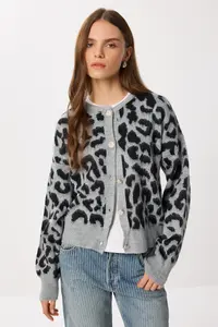Lovelyİstanbul Leopard Patterned Buttoned Knitwear Cardigan  GRAY BLACK - Image 2