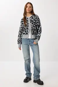 Lovelyİstanbul Leopard Patterned Buttoned Knitwear Cardigan  GRAY BLACK - Image 3