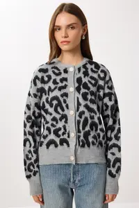 Lovelyİstanbul Leopard Patterned Buttoned Knitwear Cardigan  GRAY BLACK - Image 4
