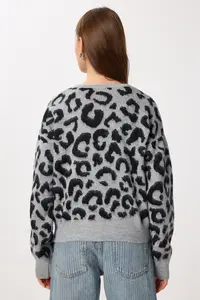 Lovelyİstanbul Leopard Patterned Buttoned Knitwear Cardigan  GRAY BLACK - Image 5
