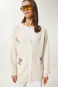 Lovelyİstanbul Floral Embroidered textured Knitwear Cardigan Cream