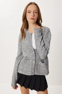 Lovelyİstanbul Gold buttoned Knitwear Cardigan  Gray - Image 3