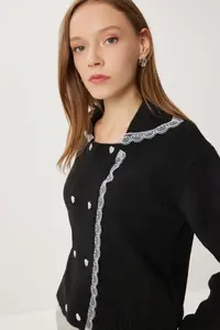 Lovelyİstanbul Lace Detailed buttoned Knitwear Cardigan  Black