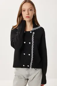 Lovelyİstanbul Lace Detailed buttoned Knitwear Cardigan  Black - Image 2