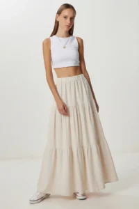 Lovelyİstanbul with flywheel Summer Linen Skirt  Stone