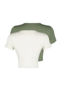 TRENDYOLMİLLA Khaki-Open Stone 2 Sets Package Crop Viscous/Soft Material Flexible Knitting Blouse - Image 7