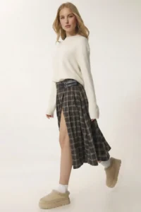 Lovelyİstanbul Belted Checkered Flared Woven Skirt  BROWN KHAKI - Image 2