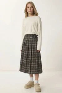 Lovelyİstanbul Belted Checkered Flared Woven Skirt  BROWN KHAKI - Image 3