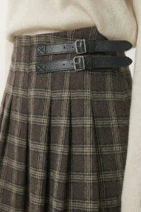 Lovelyİstanbul Belted Checkered Flared Woven Skirt  BROWN KHAKI - Image 4