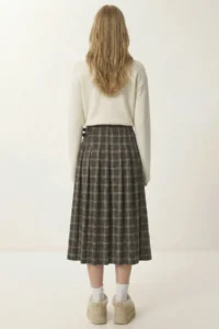 Lovelyİstanbul Belted Checkered Flared Woven Skirt  BROWN KHAKI - Image 5