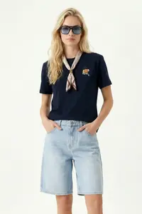 Lovelyİstanbul Embroidered Scarf Knitted T-shirt  DARK BLUE