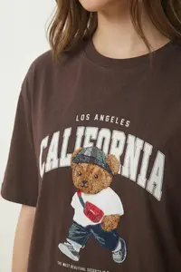 Lovelyİstanbul Teddy Bear Crest Printed Oversize Knitted T-shirt  BROWN - Image 3