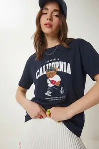 Lovelyİstanbul Teddy Bear Crest Printed Oversize Knitted T-shirt  DARK BLUE